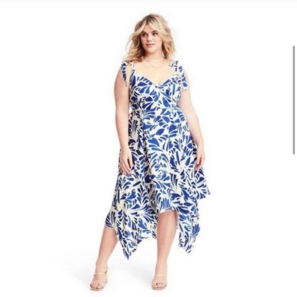 NEW Alexis Blue Botanical Asymmetrical Hem Designer Dress Size 1X - Picture 2 of 11